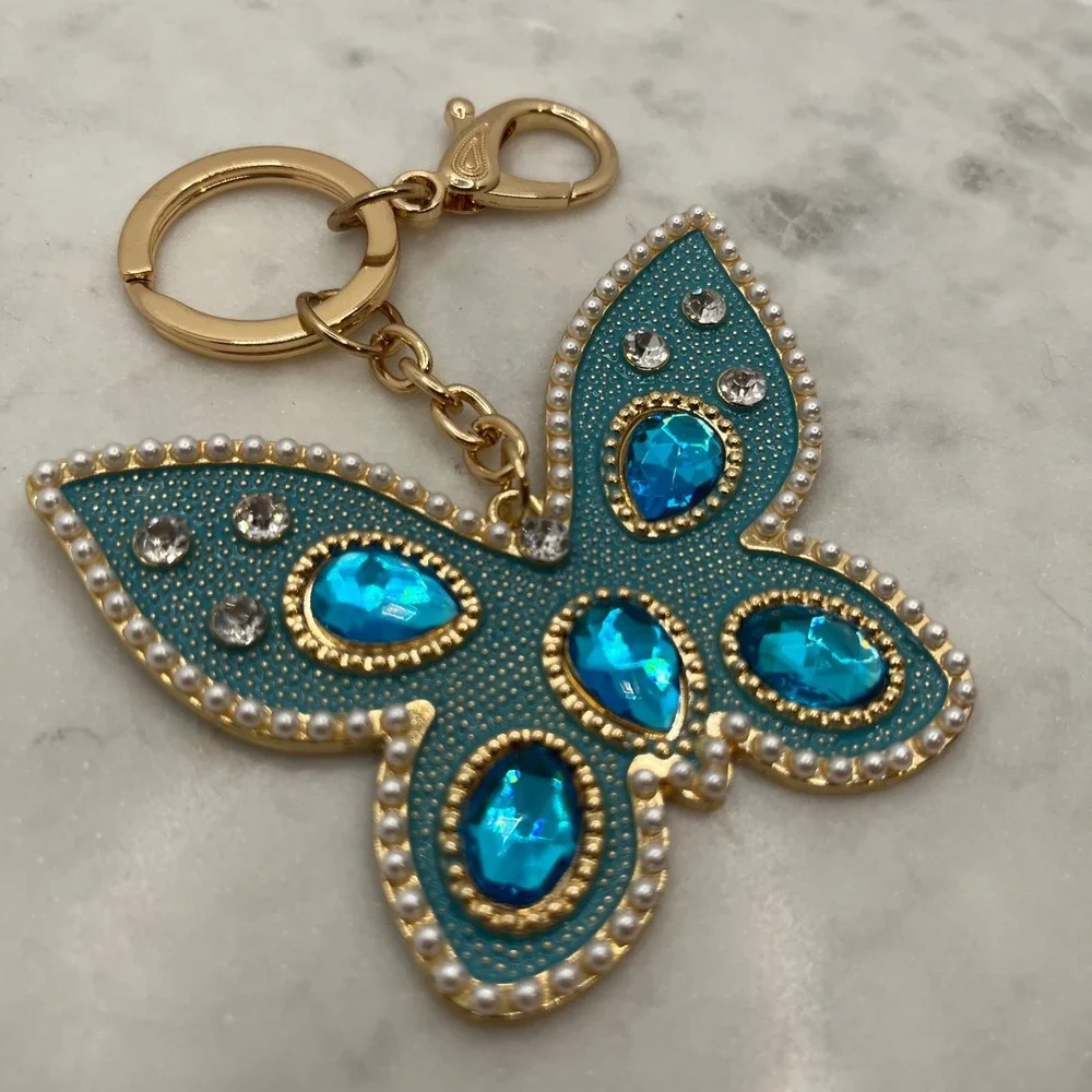 Teal‎ Butterfly Keychain Bag Charm Statement Blue Gold Rhinestone New Accessory
